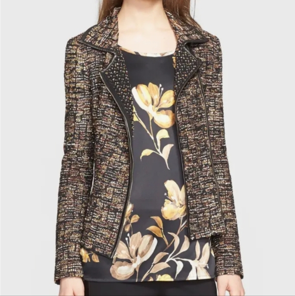 St. John Leather Trim Ribbon Wool Blend Knit Jacket Moto Gold Side Zip Size 2 - Picture 3 of 13